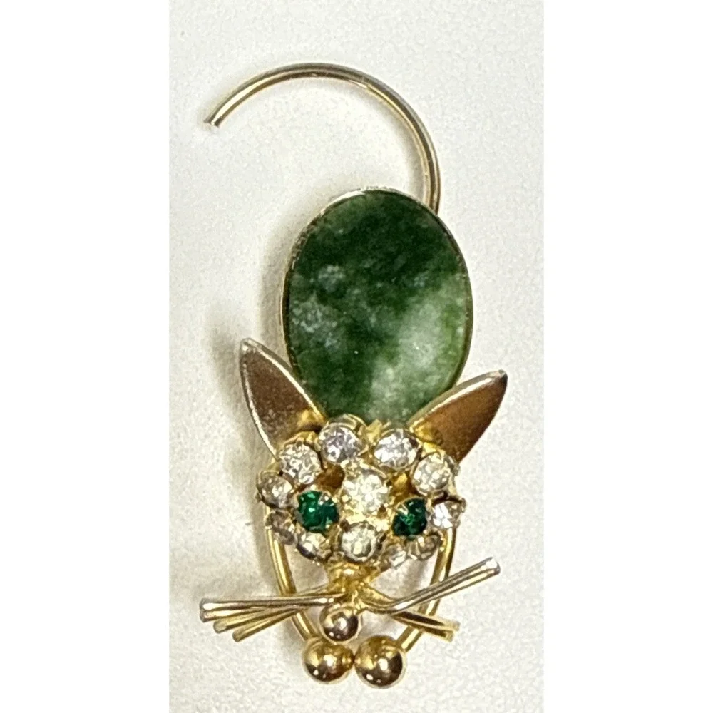 Vtg Green Cabacheon Rhinestone Figural Mouse Brooch Pin Gold Tone MCM 1623